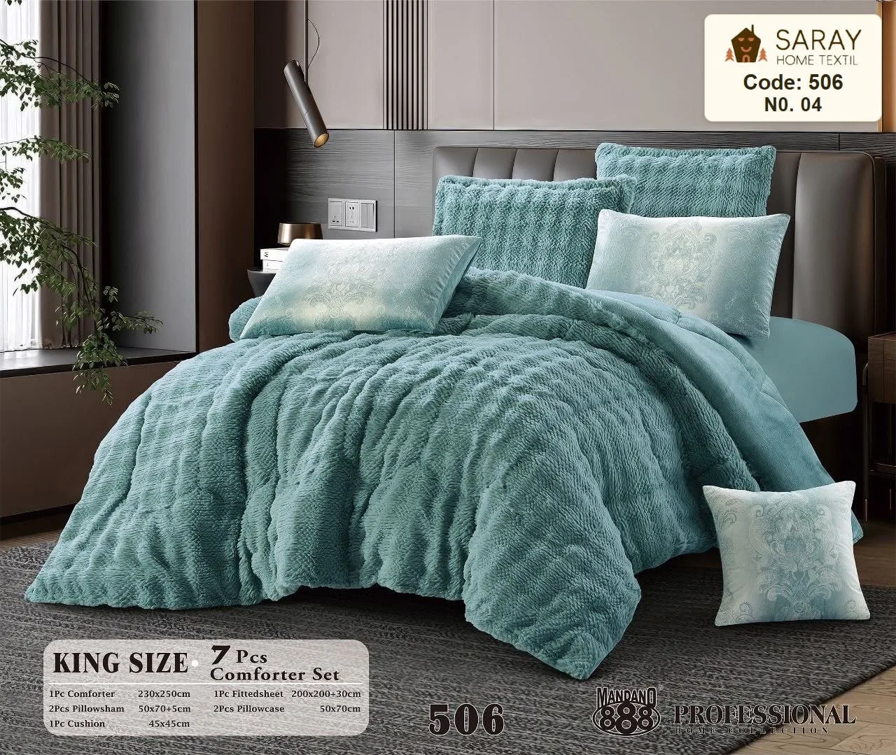 طقم لحاف مبقج أرنبي (نفرين) - 7 قطع  king size - 506 — سمائي